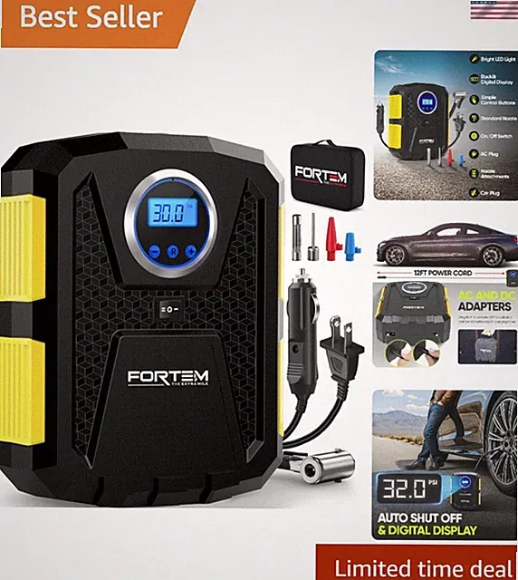 Portable Tire Inflator 150 PSI with Auto Shut-Off & Digital Gauge - Yellow Case